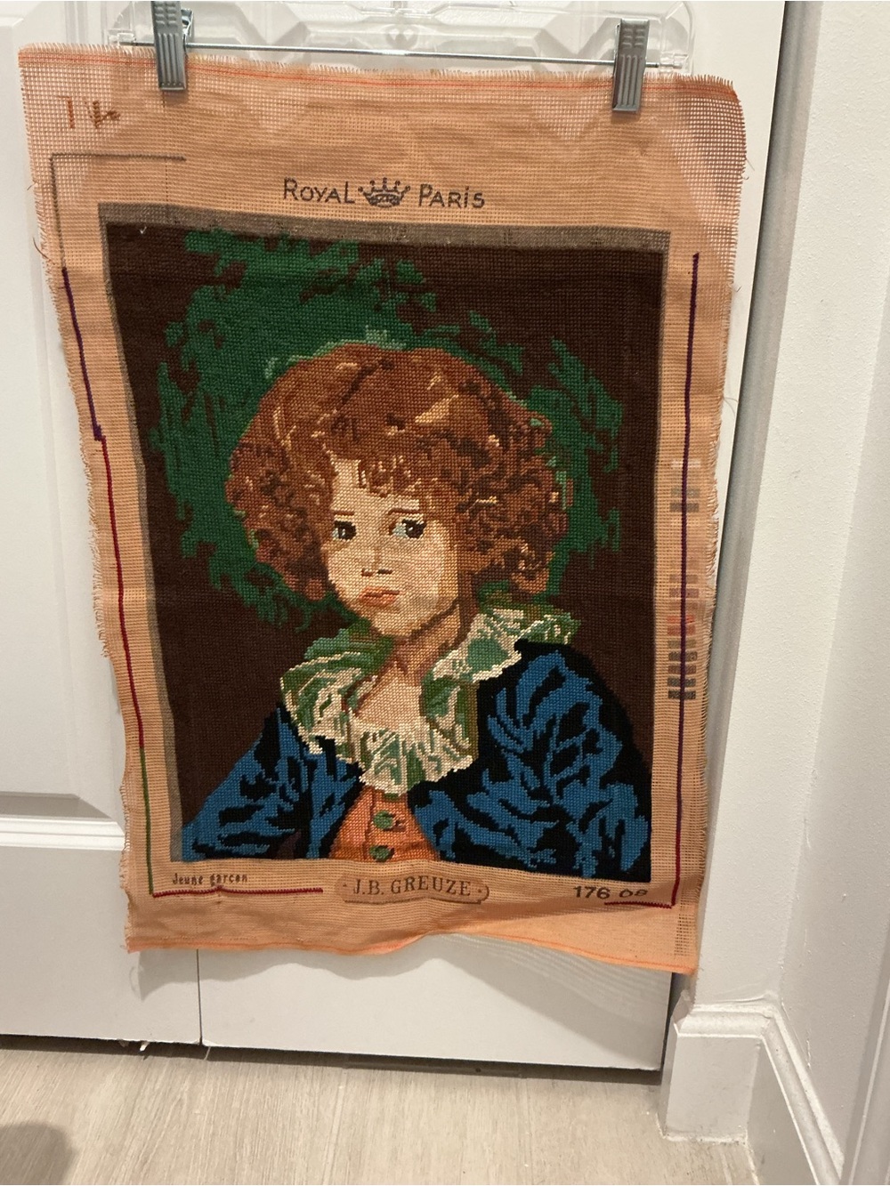 Vintage Royal Paris J.B. Greaze Needlepoint Canvas Portrait 17608 Completed